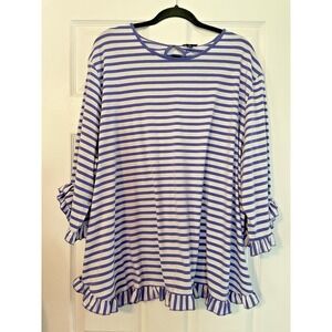 Links Woman's Top Shirt 3X Blue Stripe Ruffle Trim 3/4 Sleeve Beach Comfort CUTE